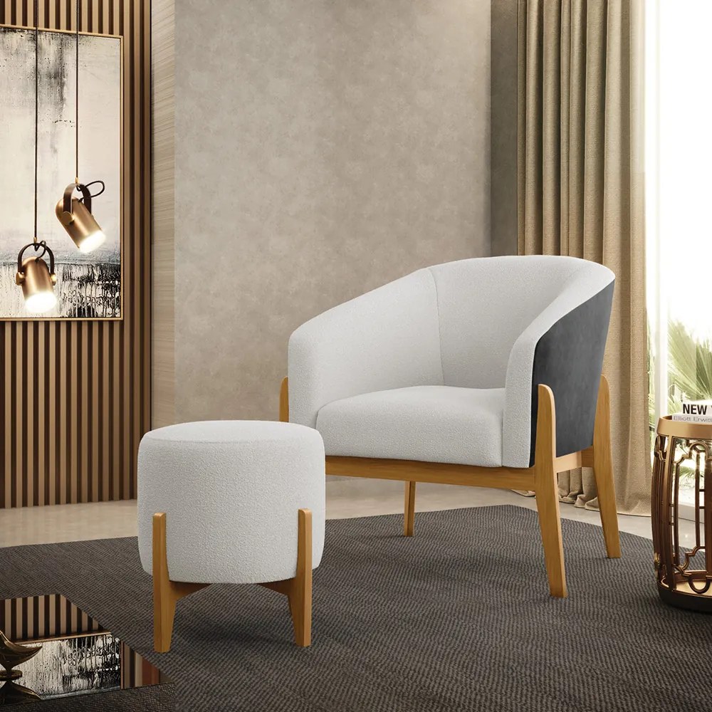 Poltrona e Puff Decorativo Base Madeira Stella PU Preto/Bouclê D03 - D'Rossi - Off White