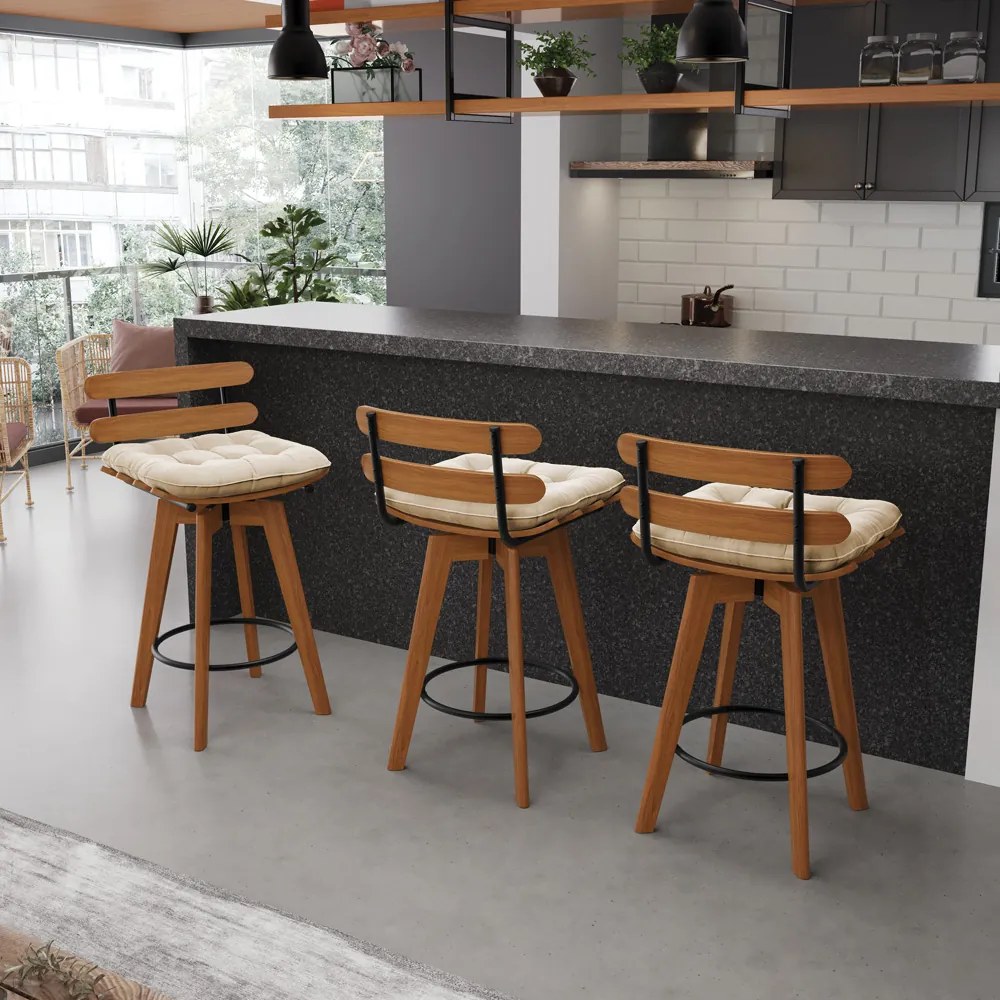 Banqueta Giratória Costela Suede Base Madeira MA70 - D'Rossi - Bege