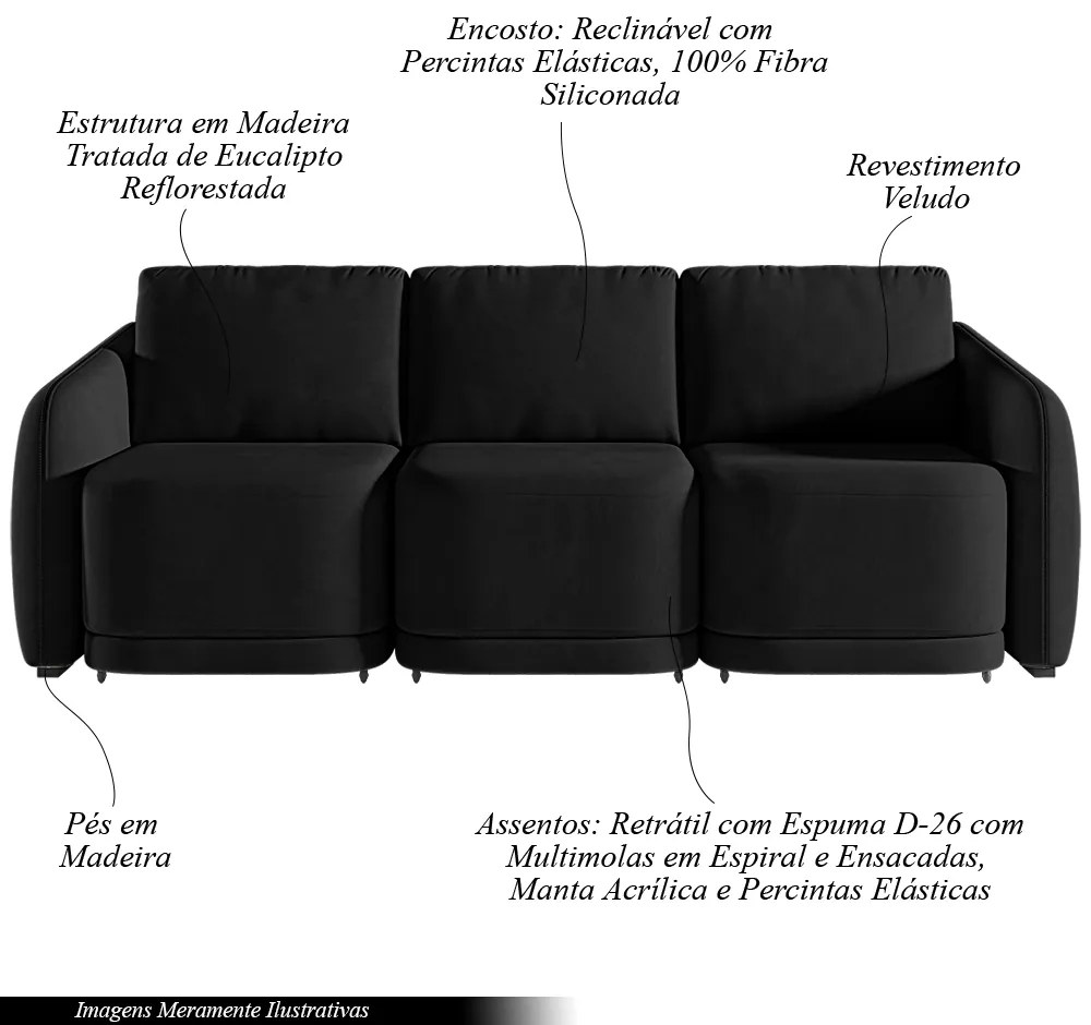 Sofá Cama Modulado Retrátil e Reclinável Decorativo Varsóvia 336cm Veludo Preto G33 - Gran Belo