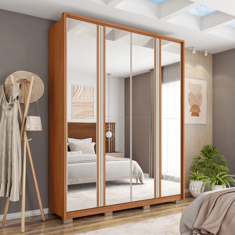 Guarda Roupa Orbit Solteiro 4 Portas de Bater com 4 Espelhos e Gavetas  MDF Freijo/OffWhite G11 - Gran Belo