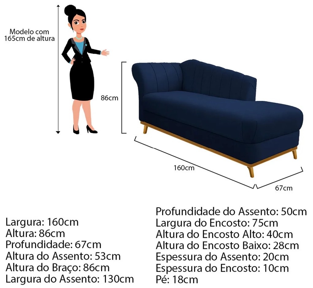 Recamier Vanessa 160cm Lado Esquerdo Suede Azul Marinho - ADJ Decor