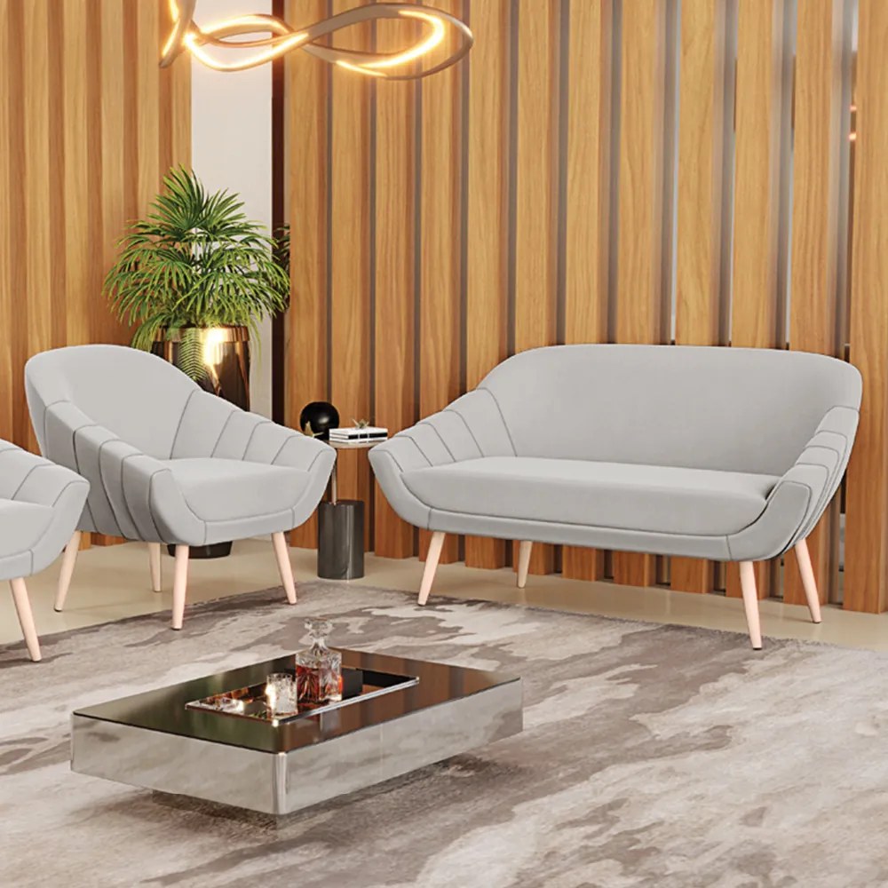 Kit 01 Namoradeira 02 Lugares e 01 Poltrona Giovana Veludo Cinza Pés Palito Natural - Indo Decorar
