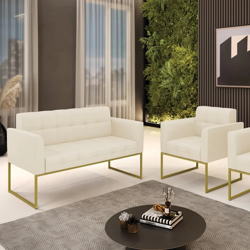 Kit 1 Sofá Namoradeira e 1 Poltrona Elisa Linho Bege A19 Base Metálica Industrial Dourado - D'Rossi