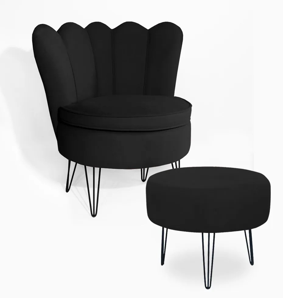 Poltrona Decorativa Dália com Puff Chloe Hairpin Legs Preto Veludo Preto