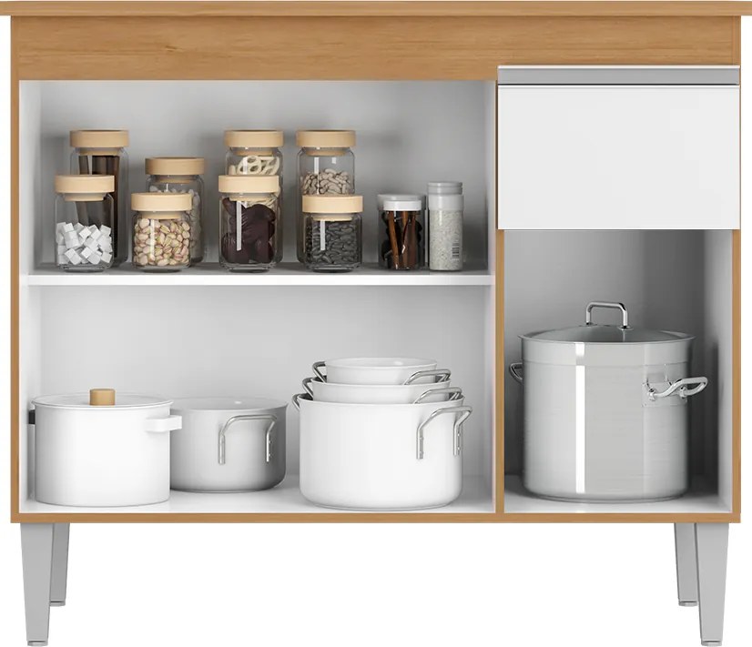 Balcão Cozinha com Tampo 100cm 3 Portas Taylla A01 - D'Rossi - Amendoa e Branco