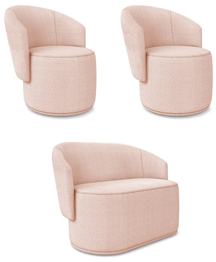 Namoradeira e 2 Poltronas Orgânica para Sala Malu Bouclê M11 - D'Rossi - Rose