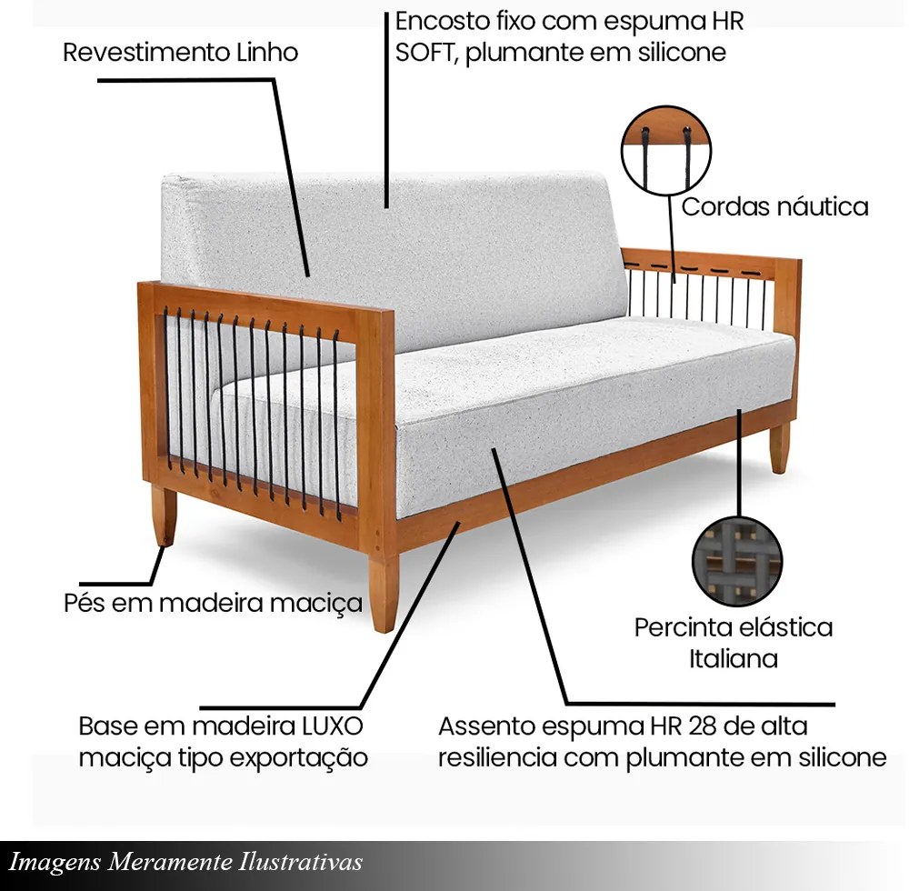 Sofá Namoradeira 2 Lugares Sala de Estar Pés Madeira Maciça Corda Náutica Preta 160cm Manila Linho Cinza Rústico G63 - Gran Belo