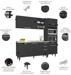 Armário de Cozinha CP02 Com Pia 150cm Pérola Z34 Preto - Mpozenat