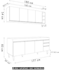 Armário Cozinha e Balcão Para Pia 180cm Dallas Cinza        - Lumil