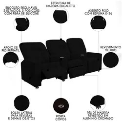 Poltrona Reclinável Para Cinema 3 Lugares Praddo FH9 Veludo Preto - Mp