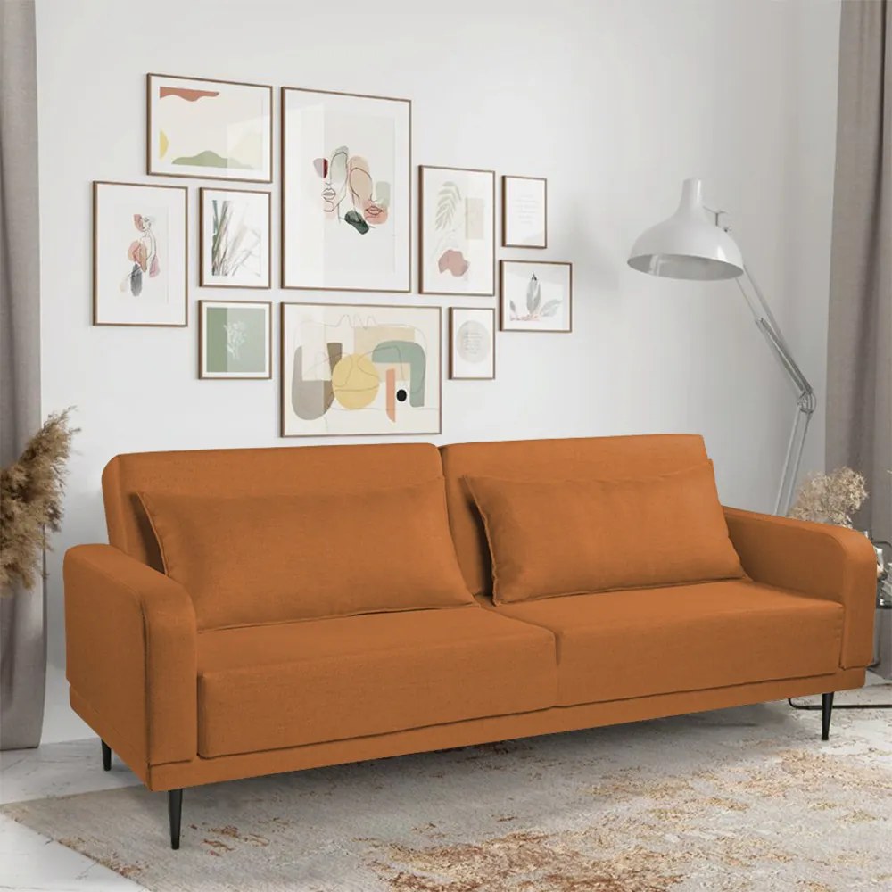 Sofá Cama 03 Lugares Angel Linho Terracota Pés Tabaco - D'Rossi