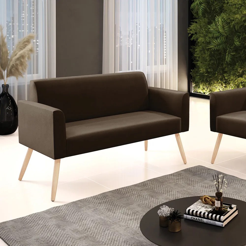 Sofá Namoradeira Pés Palito Natural Marisa Suede Marrom D03 - D'Rossi