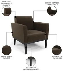 Sofá Namoradeira e 1 Poltrona Base Madeira Preto Maressa Suede Marrom
