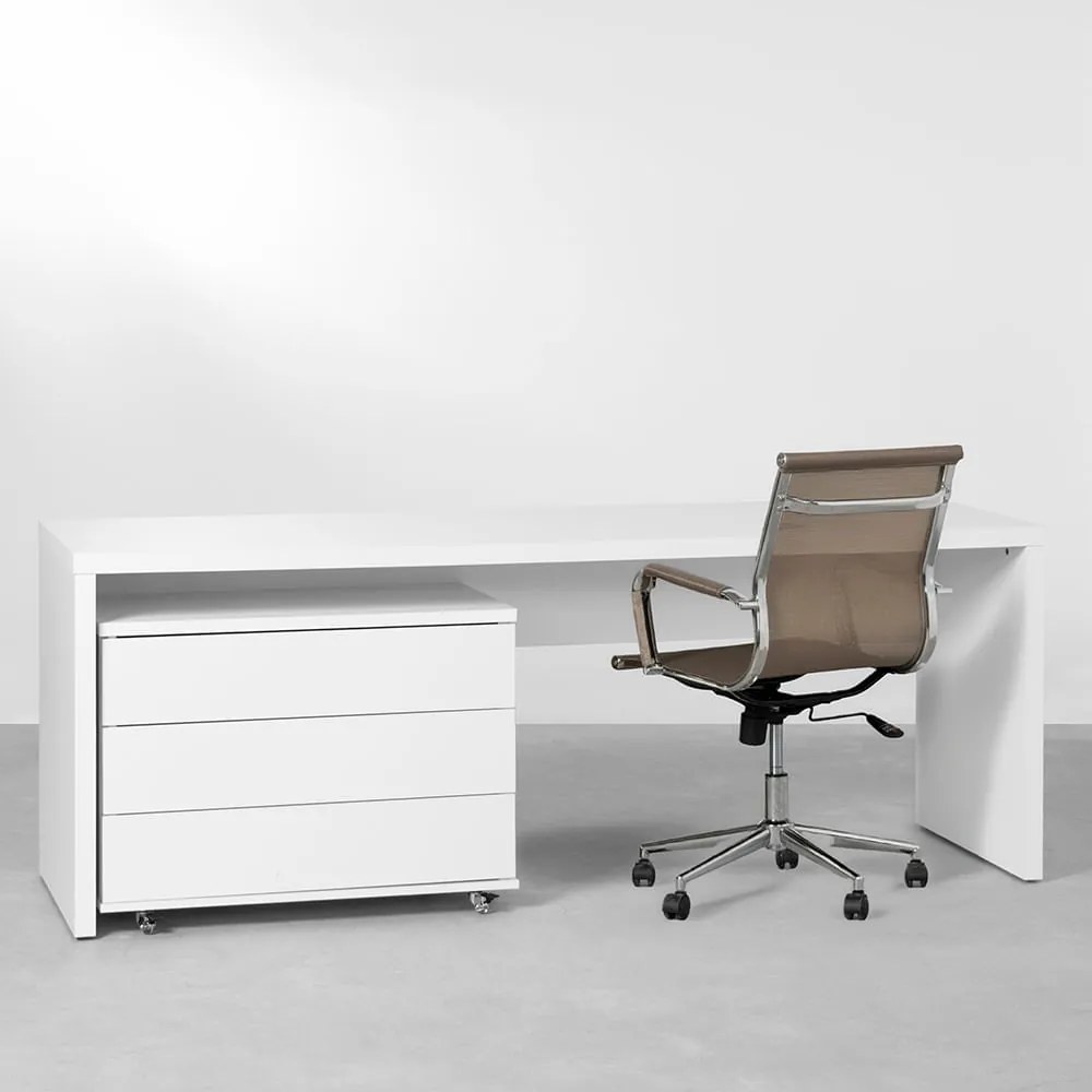 Conjunto Office - Bancada Contemporânea Branco - 1,80m + Módulo Contemporâneo 3 gavetas Branco - 85cm