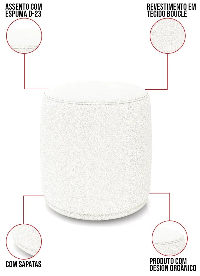 Puff Redondo Orgânico para Sala Malu Bouclê M11 - D'Rossi - Off White