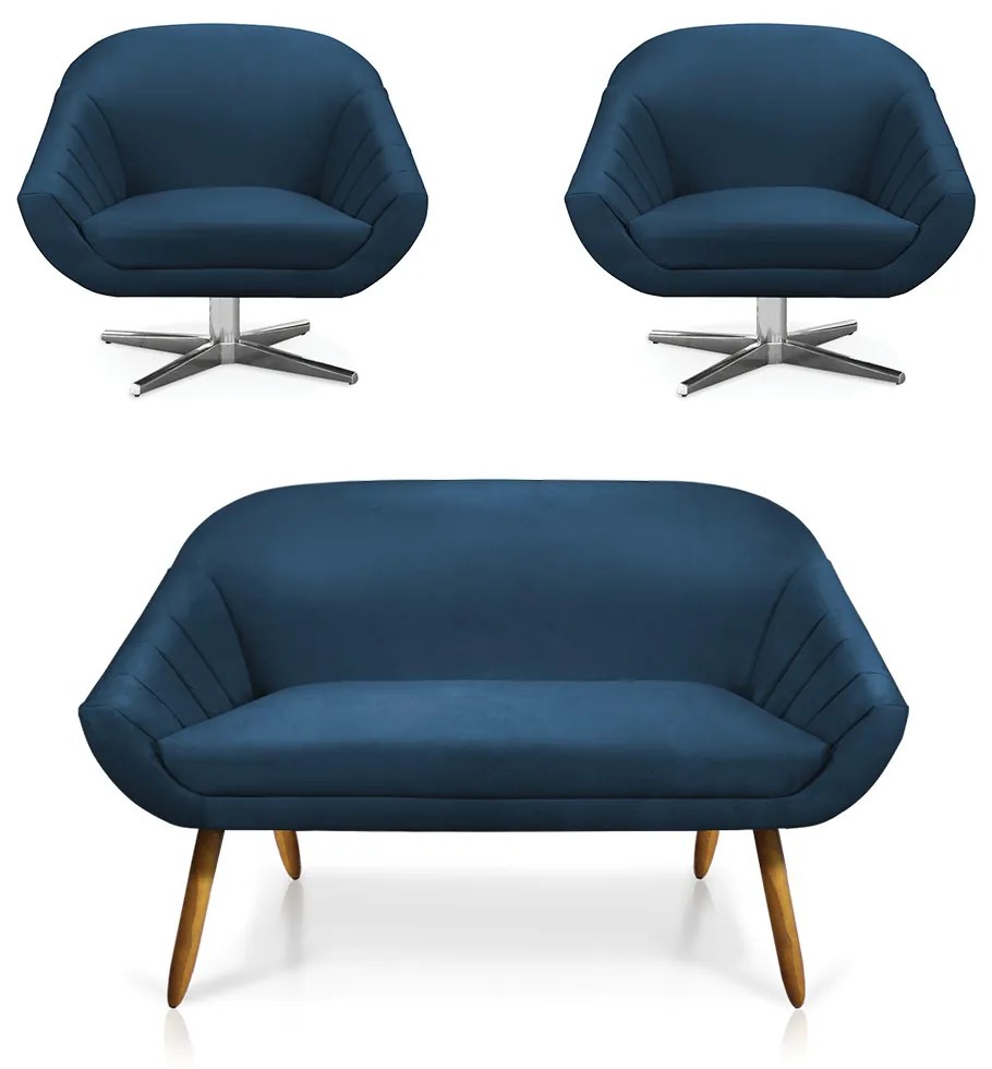 Kit 01 Namoradeira 02 Lugares e 02 Poltronas Giratória Giovana Suede Base Cromada - D'Rossi - Azul Marinho