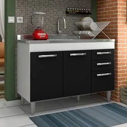 Balcão Gabinete Suécia com Pia Inox 120cm 3 Portas Branco/Preto - Lumi