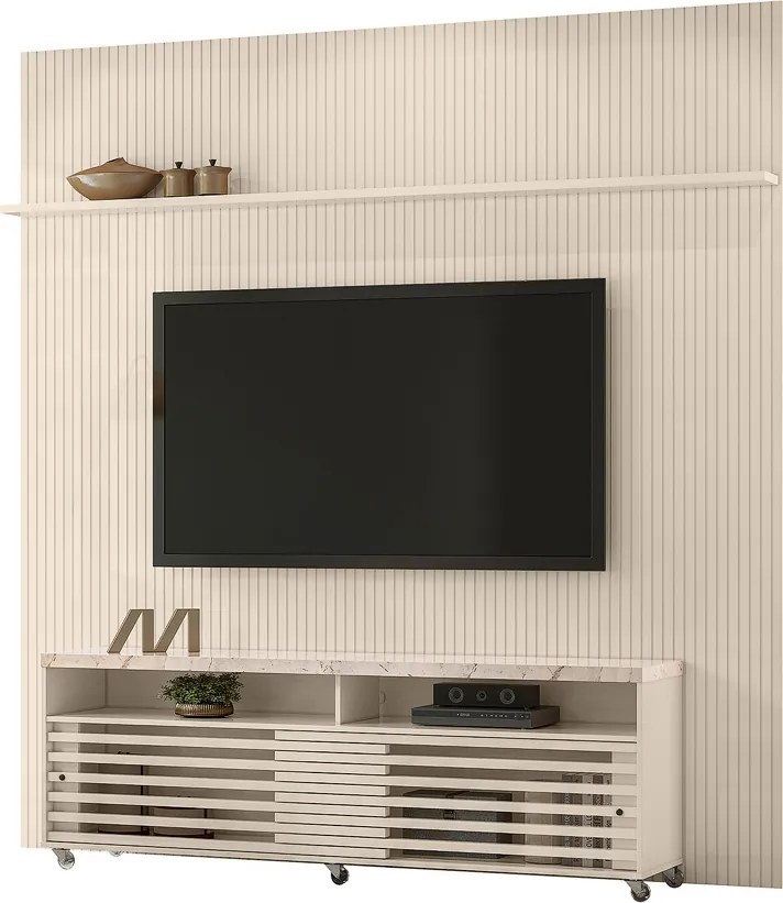 Painel TV 75 Pol 238cm Ripado Kalven com Rack Bancada Nerion M20 - D'Rossi - Calacata(brilho)/Off White(brilho)