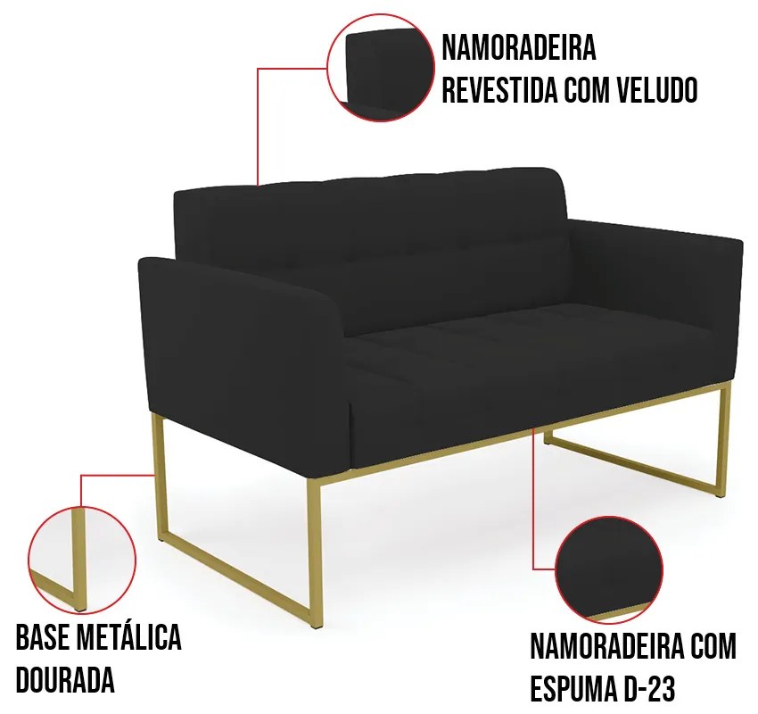 Kit 1 Sofá Namoradeira e 2 Poltronas Elisa Veludo Base Metálica Industrial Dourado D03 - D'Rossi - Preto
