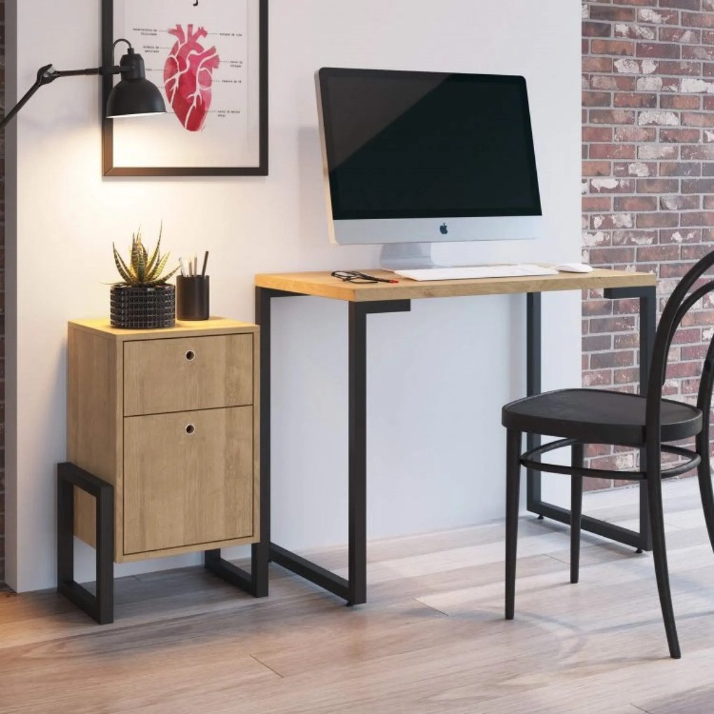 Kit Mesa Para Computador Porto 90 cm e Mesa de Cabeceira Wolli 2 Gavetas Natural - D'Rossi