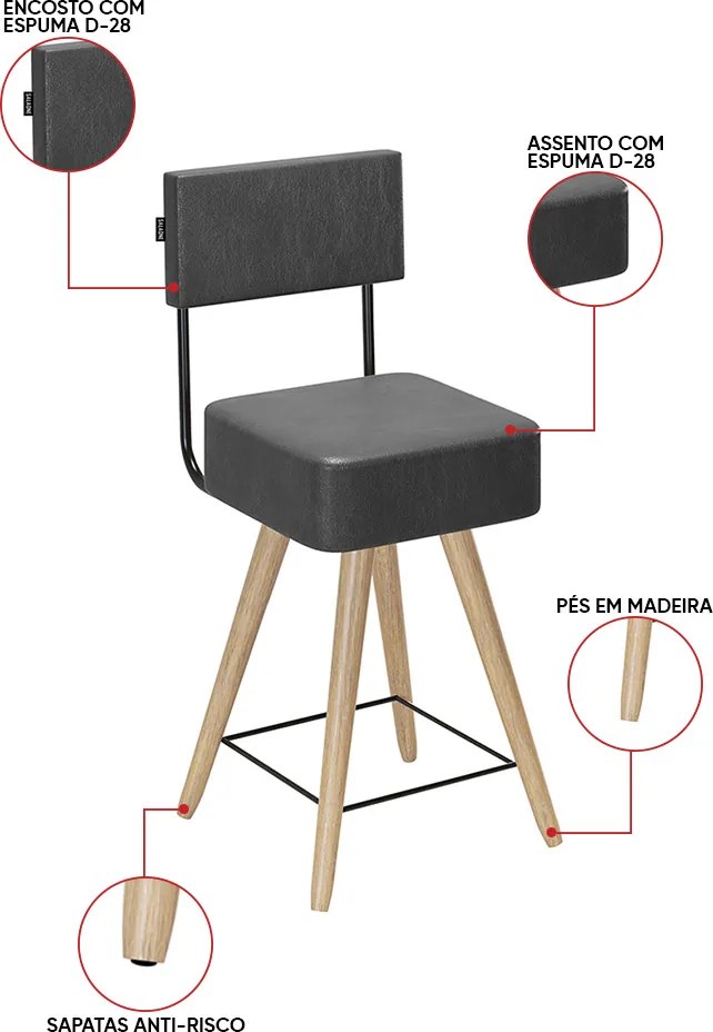 Banqueta Baixa Cozinha 50cm Encosto Pé Madeira Kit 6 Barcelona Pu S02 - D'Rossi - Preto