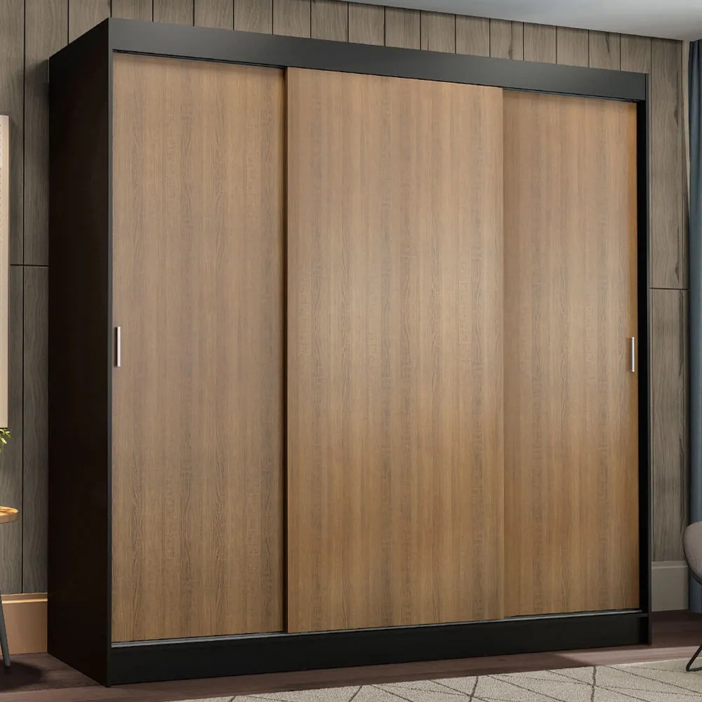 Guarda-Roupa Casal Madesa Reno 3 Portas de Correr Preto/Rustic Cor:Preto/Rustic
