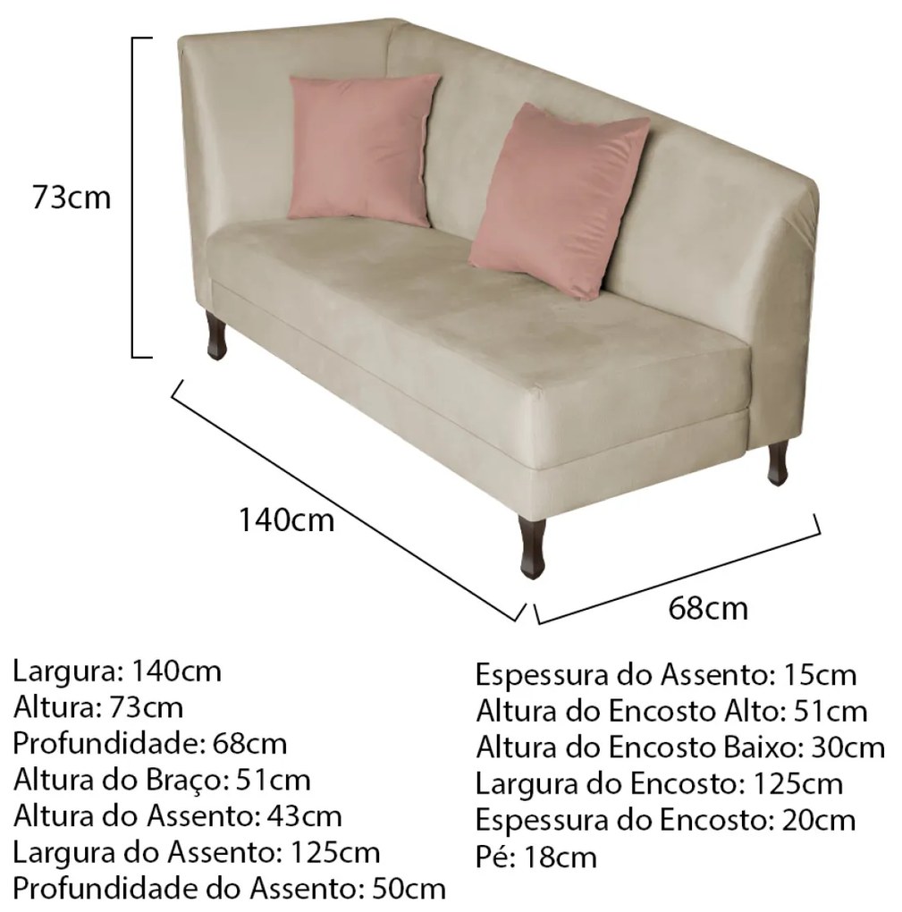Divã Recamier Heitor 140cm com Almofada Lado Direito Suede - ADJ Decor