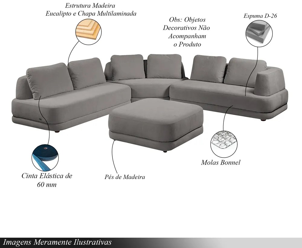 Sofá de Canto Modulado Vercelli 442cm com Almofadas Soltas e Puff Veludo Luxo Cinza G92 - Gran Belo