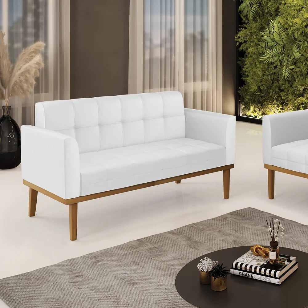 Poltrona Namoradeira Decorativa Karen Pés Fixo em Madeira Castanho PU Branco G19 - Gran Belo