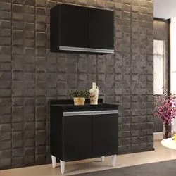 Armário Aéreo Califórnia e Balcão Hawai com Tampo 80cm Preto - Lumil