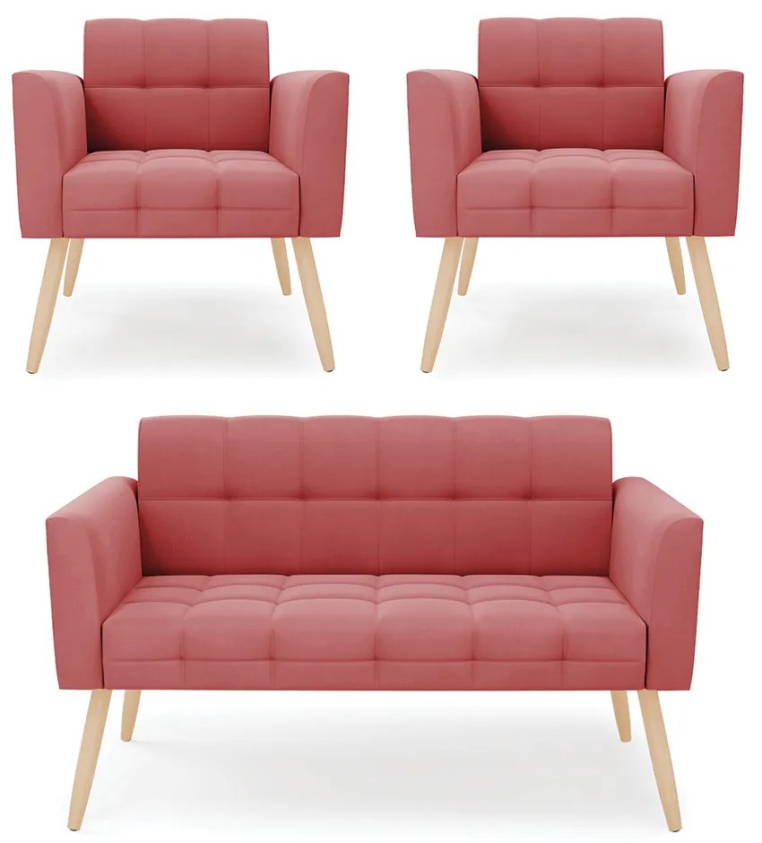 Kit 1 Sofá Namoradeira e 2 Poltronas Elisa Suede Rosê Pés Palito Natural - D'Rossi