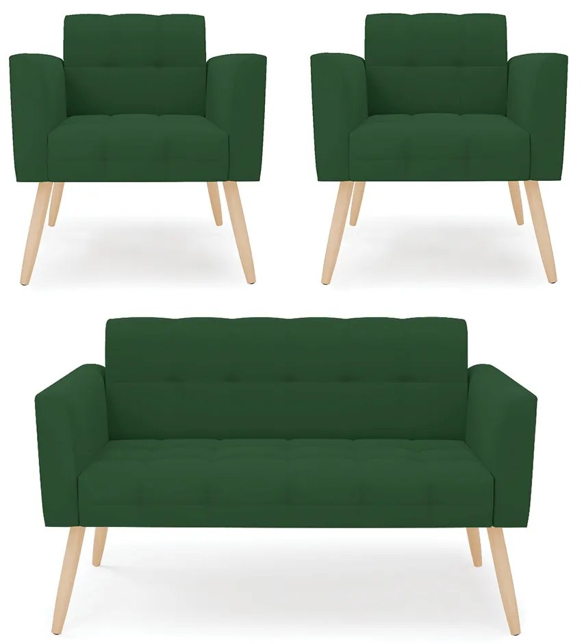 Kit 1 Sofá Namoradeira e 2 Poltronas Elisa Veludo Pés Palito Natural - D'Rossi - Verde