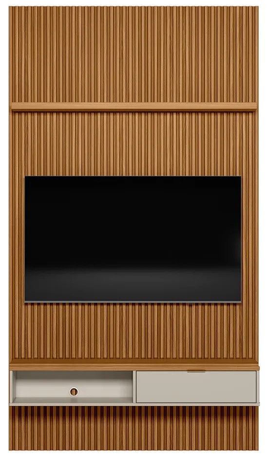 Painel para TV até 60 Polegadas Ripado Marisa com Nicho Bancada Nature e Off White 141x250 cm L04 - D'Rossi