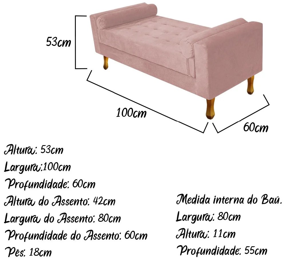 Recamier Baú Félix Solteiro 100cm Suede Rosê - ADJ Decor