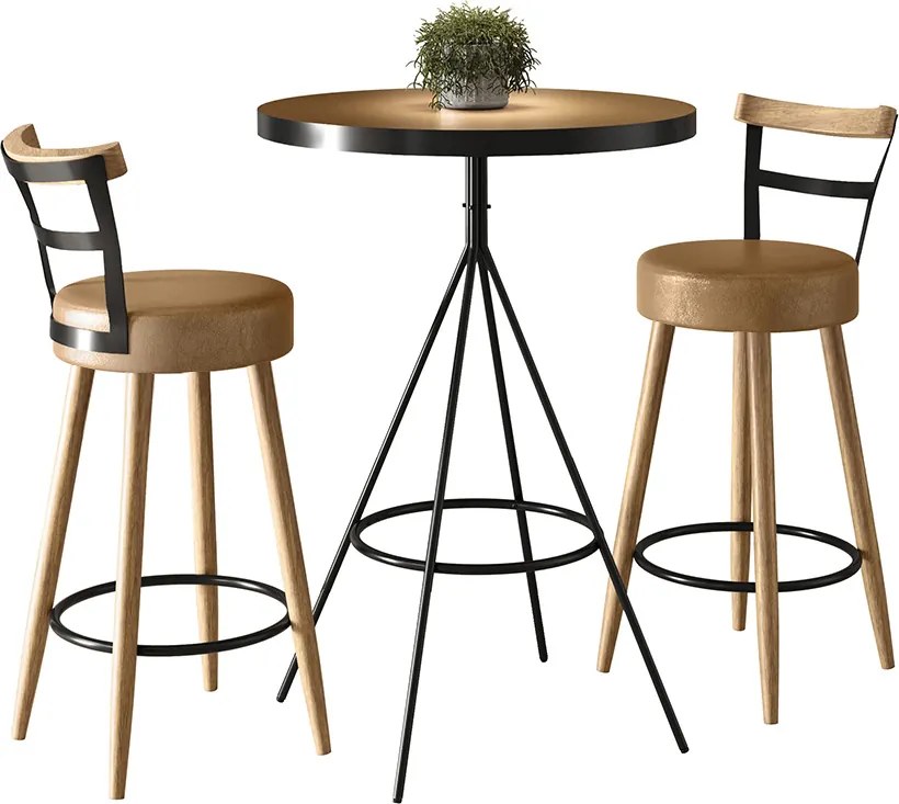 Mesa Bistrô Alta Dhalia e 2 Banquetas 50cm Kyara PU S02 - D'Rossi - Caramelo