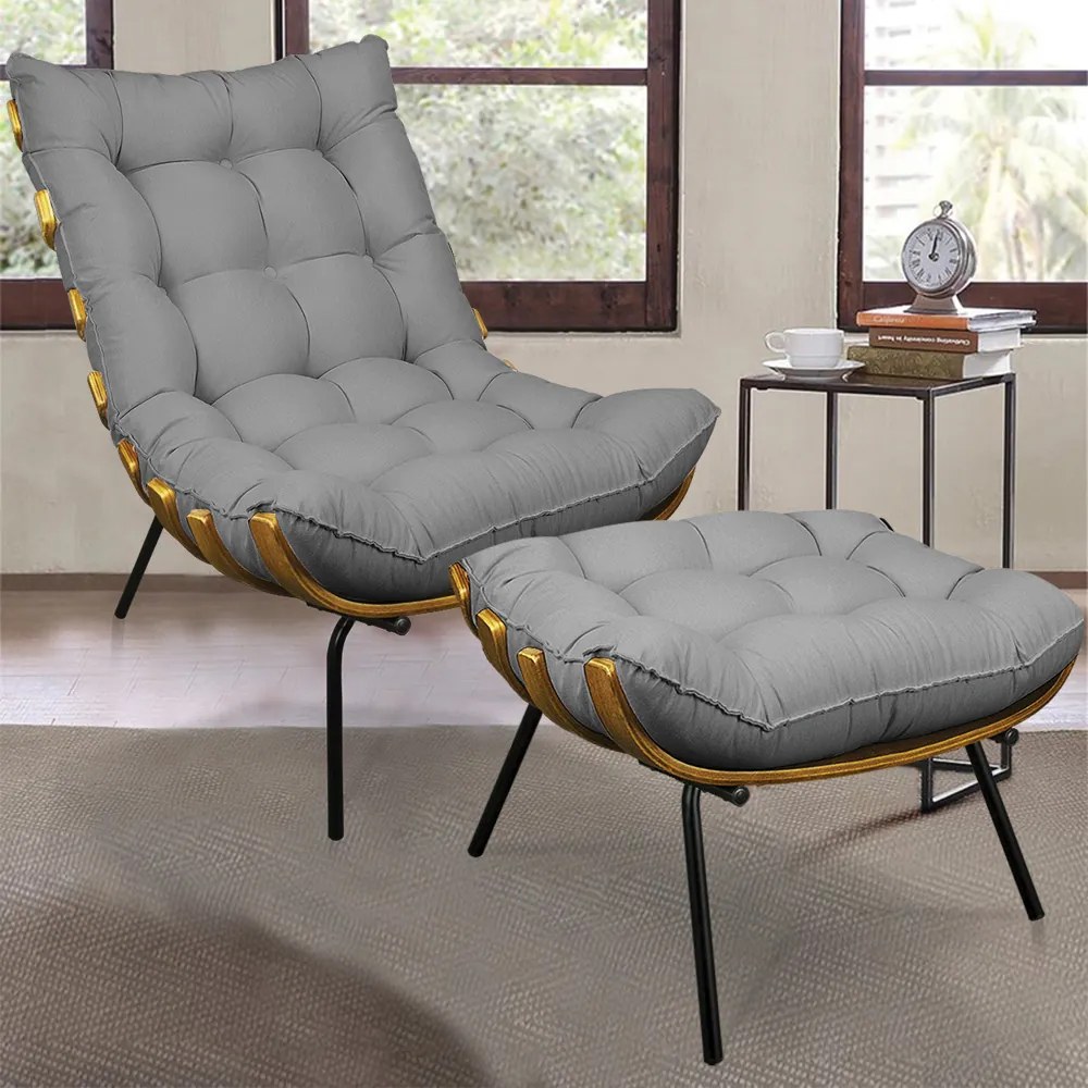 Kit 01 Poltrona e 01 Puff Costela Linho Base de Metal M11 - D'Rossi - A19 Grosso Bege