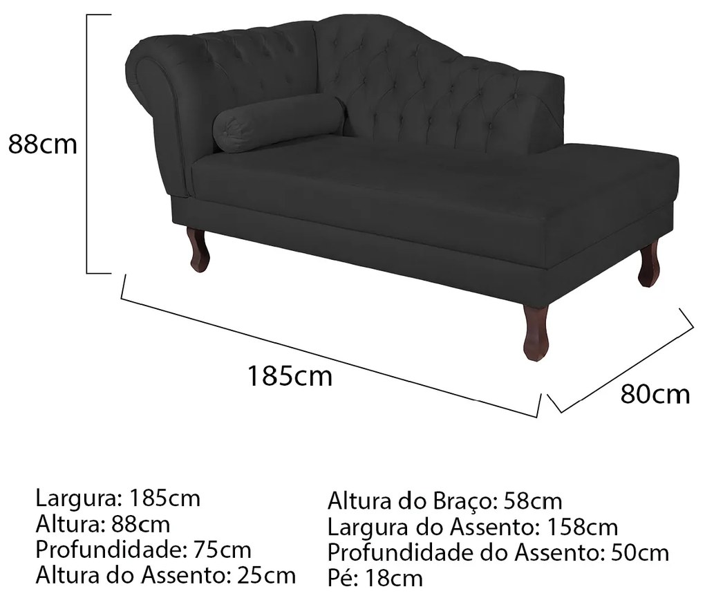 Recamier Diana 185cm Lado Direito Corano Preto - ADJ Decor