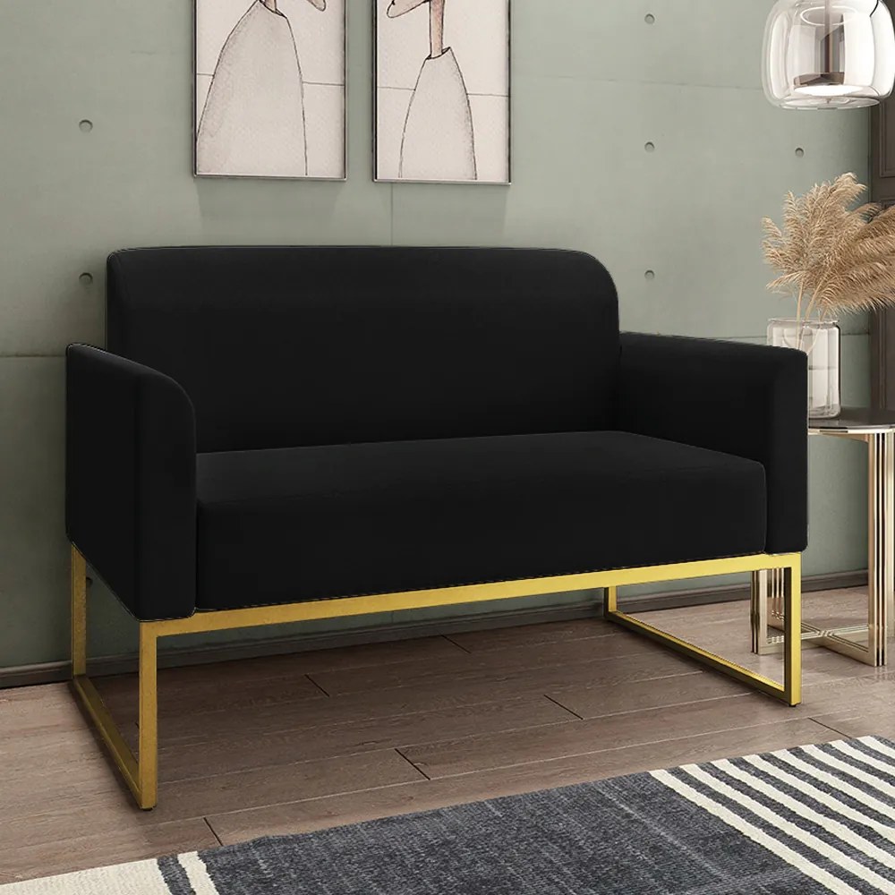 Poltrona Namoradeira Decorativa Isabella Base Industrial Suede Preto/Dourado G19 - Gran Belo