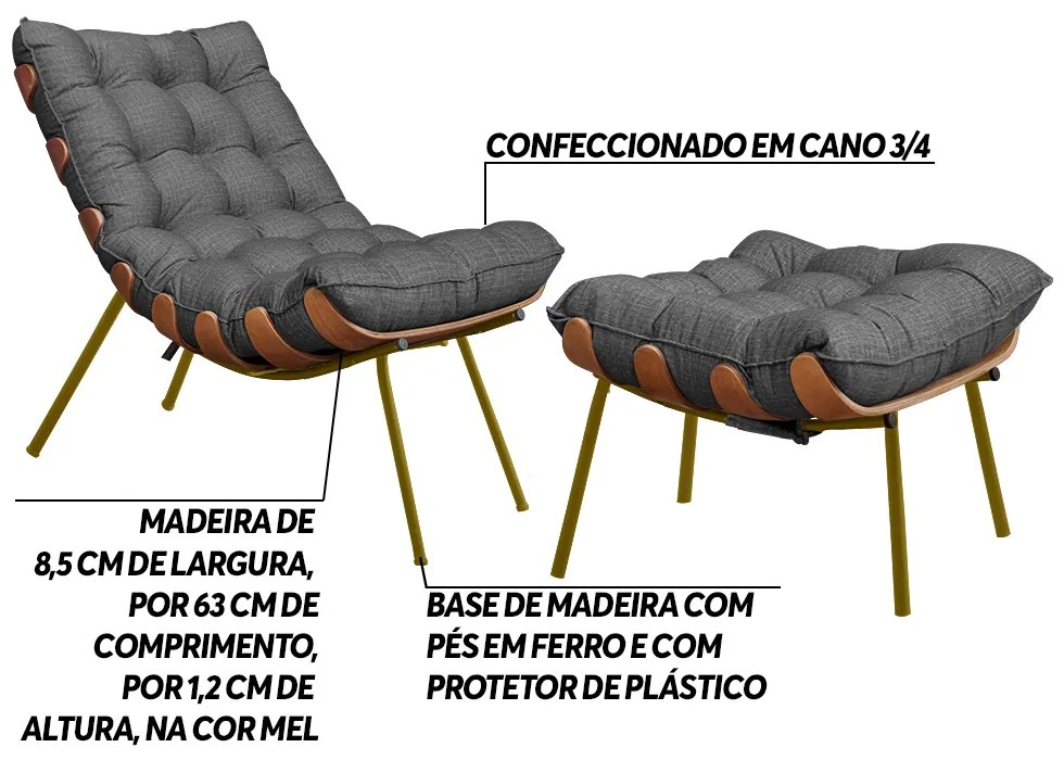 Conjunto Decorativo Poltrona e Puff Abel Base de Madeira Dourada Linho Grafite G41 - Gran Belo