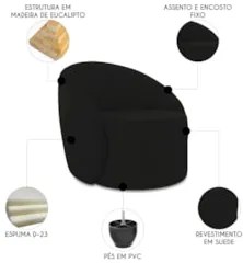 Sofá 3 Lugares 180cm Wendi e Poltrona Steve Suede Preto I01  - Mpozena