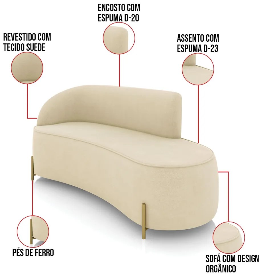 Sofá 3 Lugares Orgânico 180cm Pé Dourado Morgan Suede D03 - D'Rossi - Bege