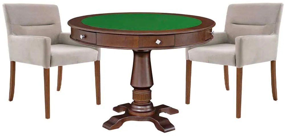Mesa de Jogos Carteado Victoria Redonda Tampo Reversível Imbuia com Kit 2 Cadeiras Vicenza Nude G36 G15 - Gran Belo