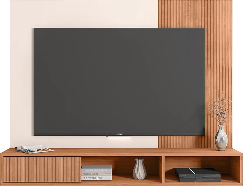 Painel TV 55 Pol 136cm Bancada Suspensa Ripado Kael Freijó/Off White C01 - D'Rossi