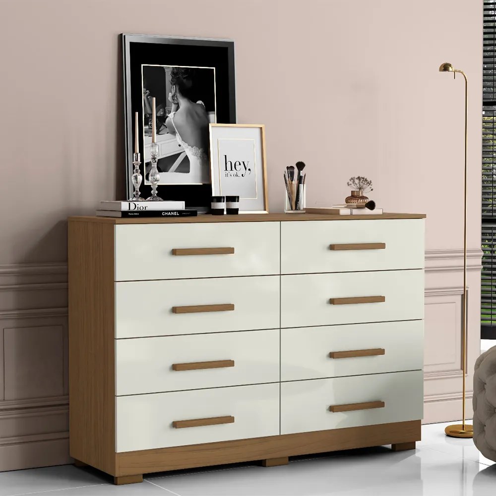 Cômoda para Quarto com 8 Gavetas 136cm Sirlei Atacama/Off White A09 - D'Rossi