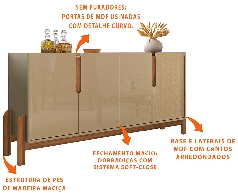 Aparador Buffet 4 Portas Belle 170cm Champagne e Cedro C02 - D'Rossi