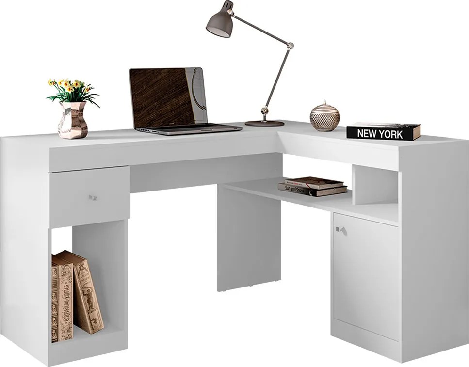 Mesa para Escritório Noma Home Tampo em L Porta e Gaveta MDP Branco G11 - Gran Belo