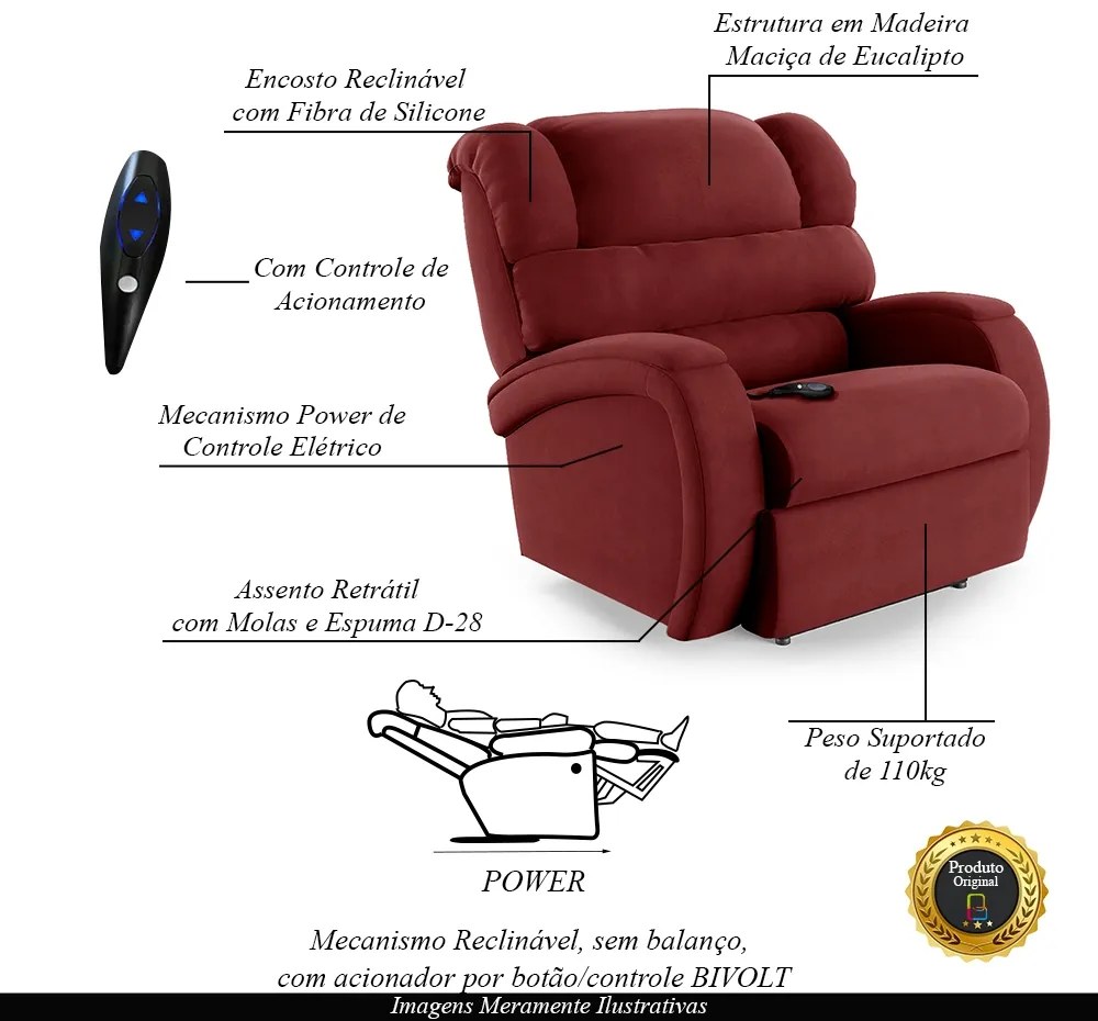 Poltrona do Papai Sala de Cinema Reclinável Kylie Controle Power Elétrico Veludo Vermelho G23