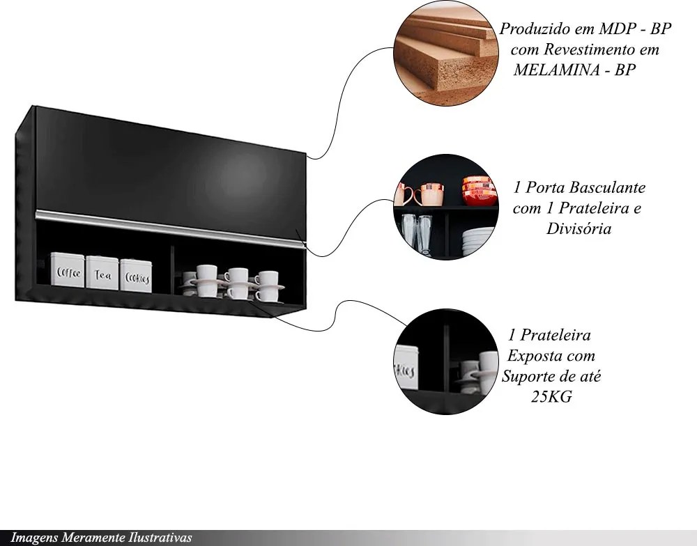 Armário Aéreo Wollo MDP/BP Preto G96 - Gran Belo