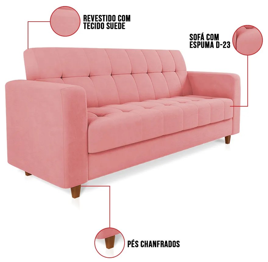 Sofá 03 Lugares Arezzo Suede Pés Chanfrado Castanho D01 - D'Rossi - Rose