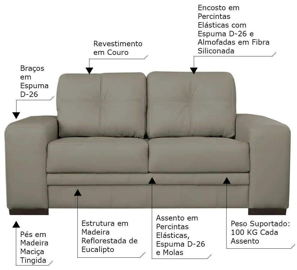 Sofá 2 Lugares Sala de Estar Milano 170cm Couro Nude G58 - Gran Belo